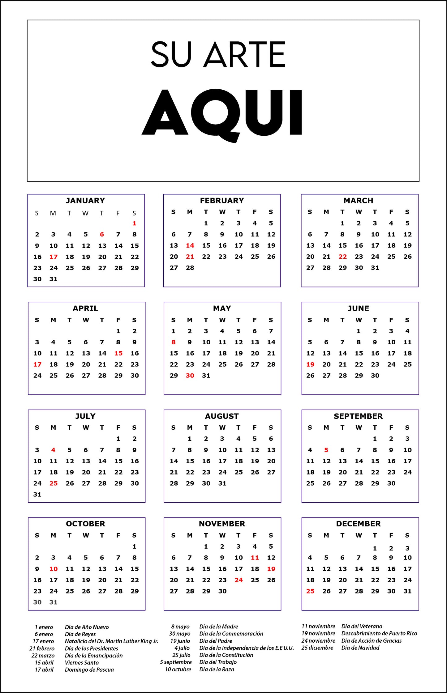 CALENDARIOS (POSTER) 11"X 17"CARTON 80Lbs